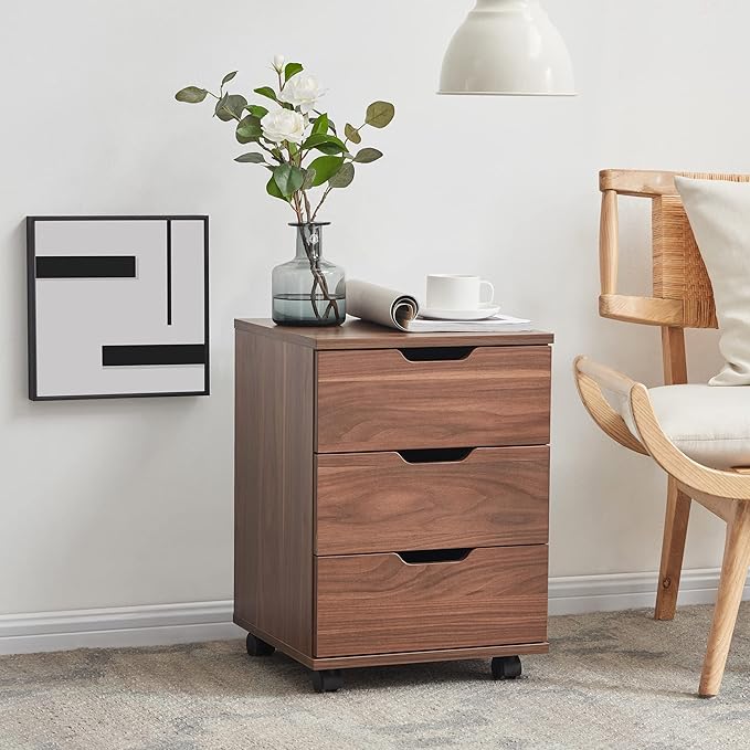 Farini 3-Drawer Vertical Filing Cabinet Rolling Wood Mobile File Cabinets Under Desk for Home Office with Casters (Brown Walnut, Fully Assembled)