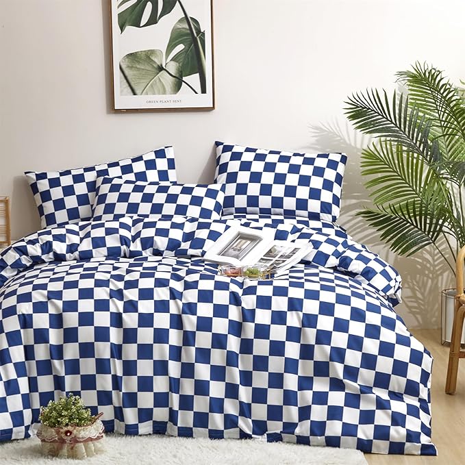 Royal Blue White Grid Comforter Set Cal King Royal Blue Plaid Bedding Set Women Royal Blue and White Checkered Bed Comforter Set Breathable Blanket Set Men Durable Bedding Comforter Set