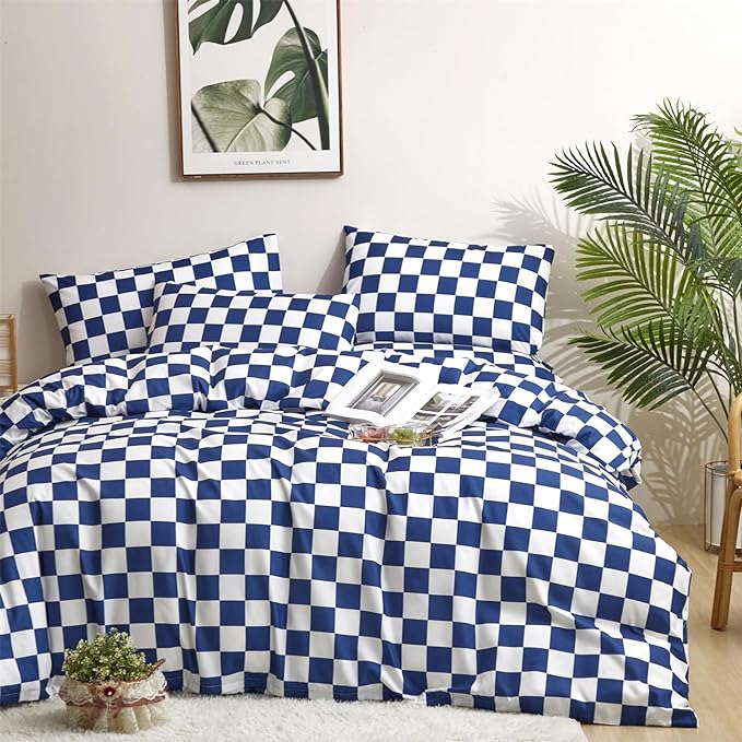 Wellboo Blue and White Comforter Sets Twin Women Men Diamond Royal Blue Checkerboard Grid Bedding Comforters Cotton Modern Jewelry Blue Checkered Geometric Quilts Luxury Sapphire Buffalo Plaid Bed