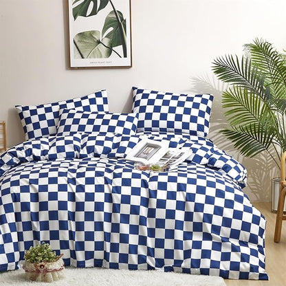 Wellboo Blue White Plaid Comforter Sets California King Diamond Royal Blue and White Checkerboard Grid Bedding Comforters Cal King Cotton Modern Jewelry Blue Checkered Geometric Quilts Sapphire Bed