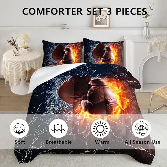 Axolotl Boxing Bedding Set Twin,Sports Theme Comforter Set Boxing Gloves Pattern Bedding Set,Red Blue Cool Lightning Comforter Pugilism Games Bedding Set for Kids Boys Teens Men,1 Quilt 2 Pillowcases