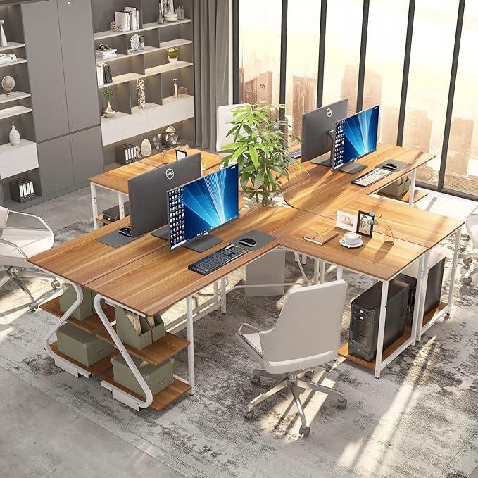 L Shaped Desk Reversible, Corner Computer L Desk with Storage Shelves, Modern Gaming Desk Workstation for Home Office, Walnut