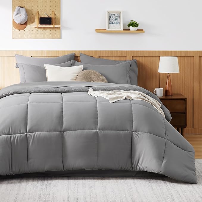 Bedsure Queen Bedding Comforter Set - 7 Pieces Solid Grey Bed in a Bag Queen, Bed Set Queen with Quilted Fluffy Comforters, Sheets, Pillowcases & Shams