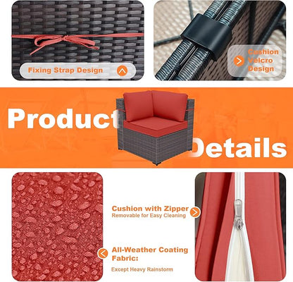 Patio Furniture Set with Fire Pit Table 13 PCS Outdoor Sectional Furniture Outdoor Rattan Patio Conversation Sets with 43in 55,000 BTU Propane Gas Fire Pit Table Glass Table, Red