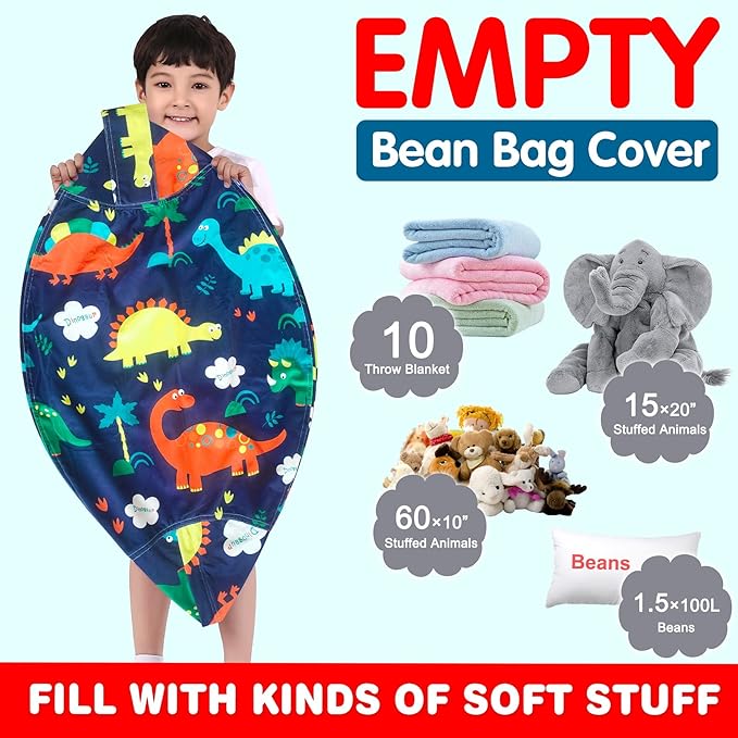 Lukeight Stuffed Animal Storage Bean Bag Chair Cover for Kids, Dinosaur Zipper Beanbag Chair Cover for Organizing Toddler & Kids' Rooms Plush Toys (Dinosaur Navy, Large)