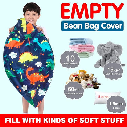 Lukeight Stuffed Animal Storage Bean Bag Chair Cover for Kids, Dinosaur Zipper Beanbag Chair Cover for Organizing Toddler & Kids' Rooms Plush Toys (Dinosaur Navy, Large)