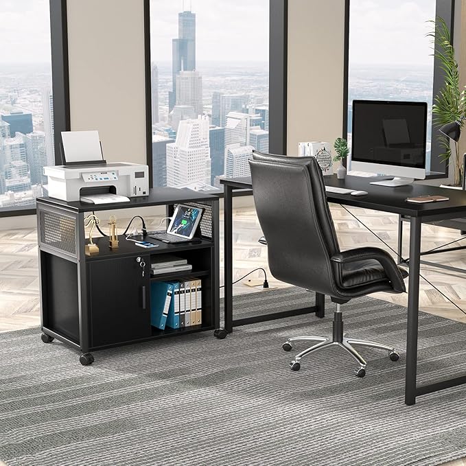 Unikito Lateral File Cabinet, Locking Office Filing Cabinets with Socket and USB Charging Port, Modern Rolling Printer Stand with Storage for A4, Letter Size and File Folders, Black