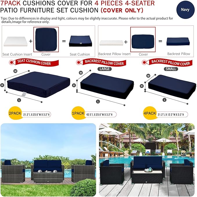 ClawsCover 7Pack Outdoor Seat and Back Cushions Replacement Covers Fits for 4-Seater 4Pieces Wicker Rattan Patio Conversation Set Sectional Couch Chair Furniture,Navy-Include Cover Only