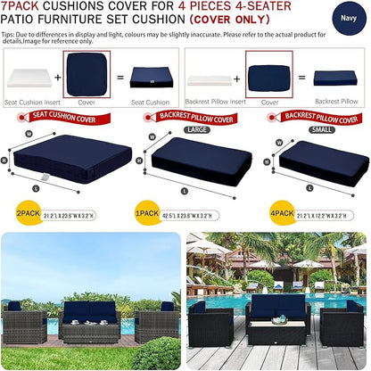 ClawsCover 7Pack Outdoor Seat and Back Cushions Replacement Covers Fits for 4-Seater 4Pieces Wicker Rattan Patio Conversation Set Sectional Couch Chair Furniture,Navy-Include Cover Only