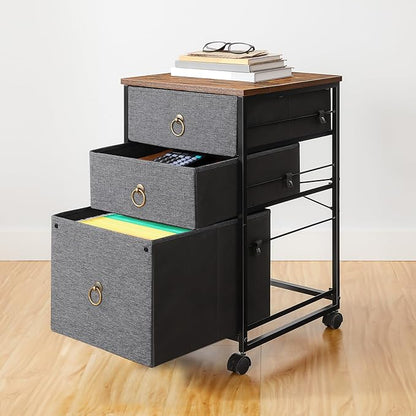 HOOBRO 3-Drawer Mobile File Cabinet, Vertical Filing Cabinet, Office Cabinet, Filing Cabinet for Home Office, Rolling Printer Stand, A4/Letter-Sized, Nonwovens Drawer, Rustic Brown and Gray BFG30WJ01