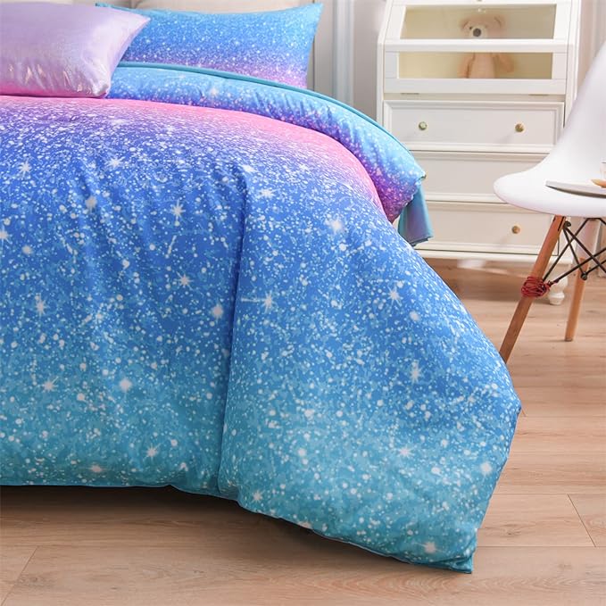 A Nice Night 6Pcs Gradient Glitter Bedding Set for Girls Full Size, Colorful Rainbow Galaxy Comforter Set, Ultra Soft Bedding Sets, Blue
