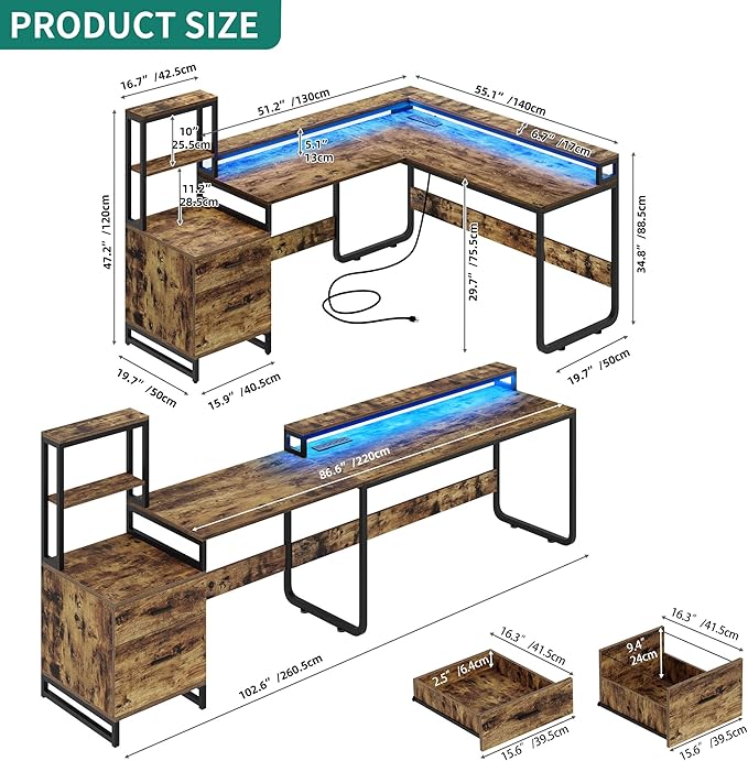 YITAHOME L Shaped Desk with Power Outlets & Hutch, Computer Desk with Drawers & LED Lights, Reversible Corner Office Desk with Printer Stand for Home Office, Rustic Brown