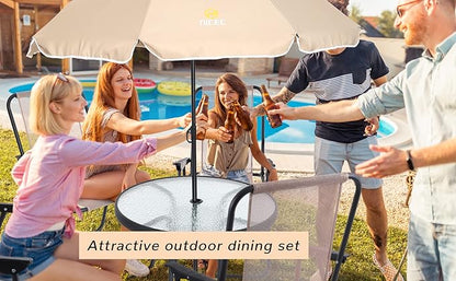 Nice C Outdoor Dining Sets, Patio Furniture Set, 8 Piece Set with Umbrella, Garden Outdoor Furniture Table Set with Tilted Removable Umbrella, Glass Table, and 6 Folding Chairs (Beige-6 Piece)