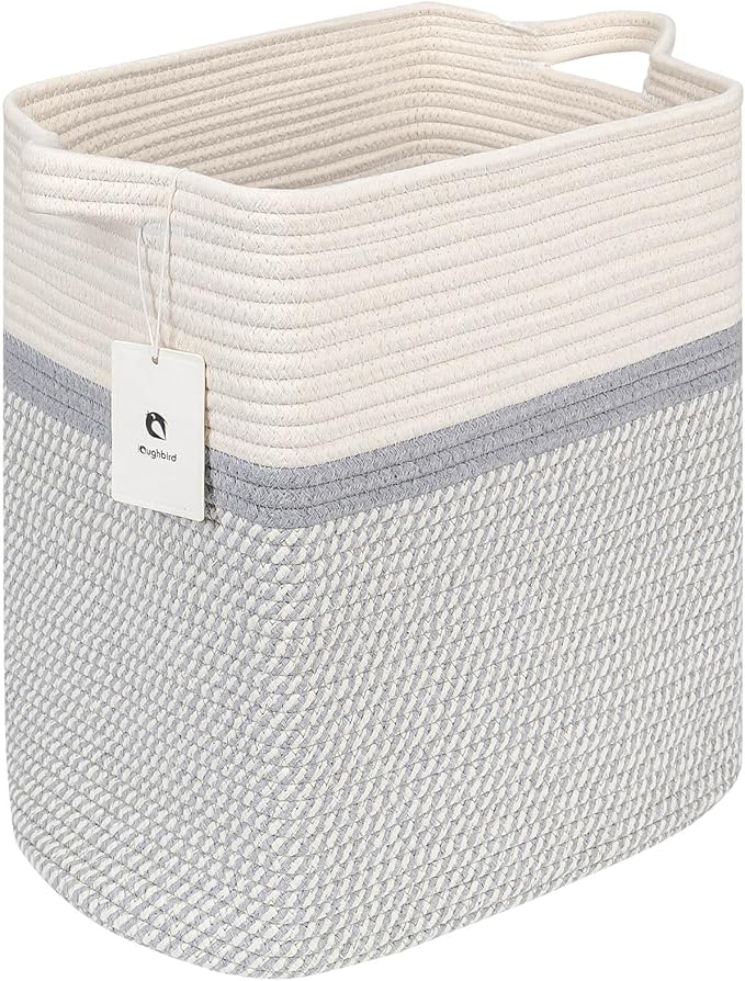 Medium and Large Woven Basket/With Handle, Baskets Laundry Hamper Wicker Tall Cotton Toy Storage Basket,Decorative Basket for Living room,Basket for Toys, 2bag