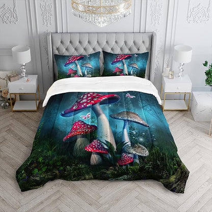 Red Mushroom Kawaii Comforter Set Queen Size Kids Mushroom Butterfly Bedding Set Botanical Plant Theme Print Quilt Bed Set for Boys Girls Adults with 1 Comforter and 2 Pillowcases