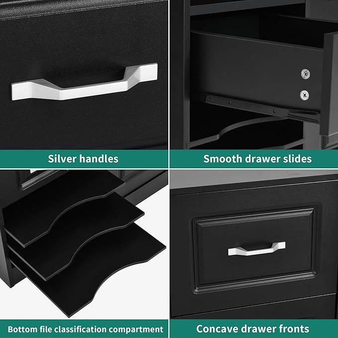 YITAHOME 3 Drawer File Cabinet, Filing Cabinet with Charging Station, Printer Stand with Open Storage Shelves, Fits for A4, Letter, Legal Size Files, Black