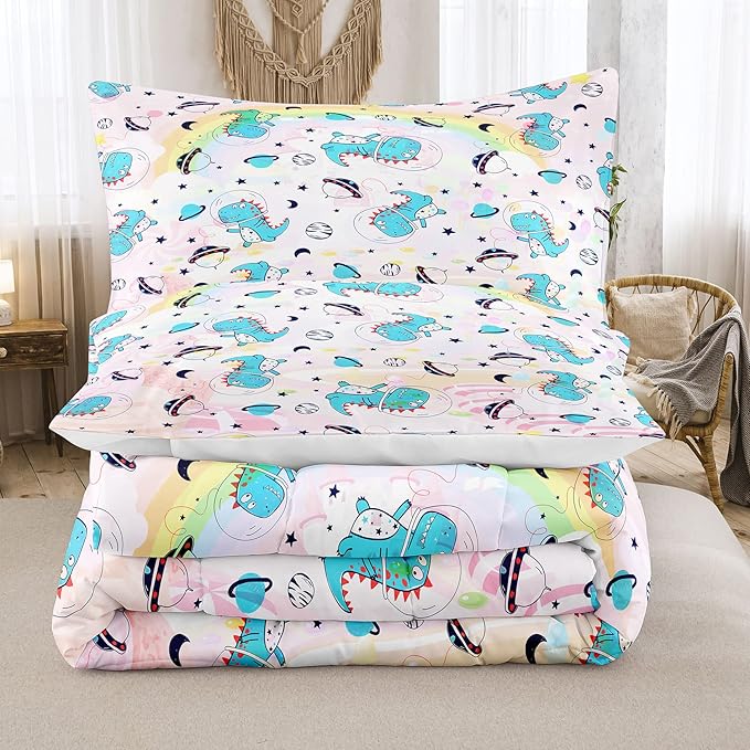 NINENINE Pink Dinosaur Bedding Set Colorful Rainbow Castle UFO Space Theme Comforter Set,Full Size Kids Bedding Sets for Boys Girls, Little Dinosaur Comforter Set with 1 Comforter 2 Pillowcases