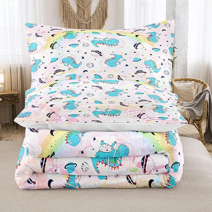 NINENINE Pink Dinosaur Bedding Set Colorful Rainbow Castle UFO Space Theme Comforter Set,Full Size Kids Bedding Sets for Boys Girls, Little Dinosaur Comforter Set with 1 Comforter 2 Pillowcases