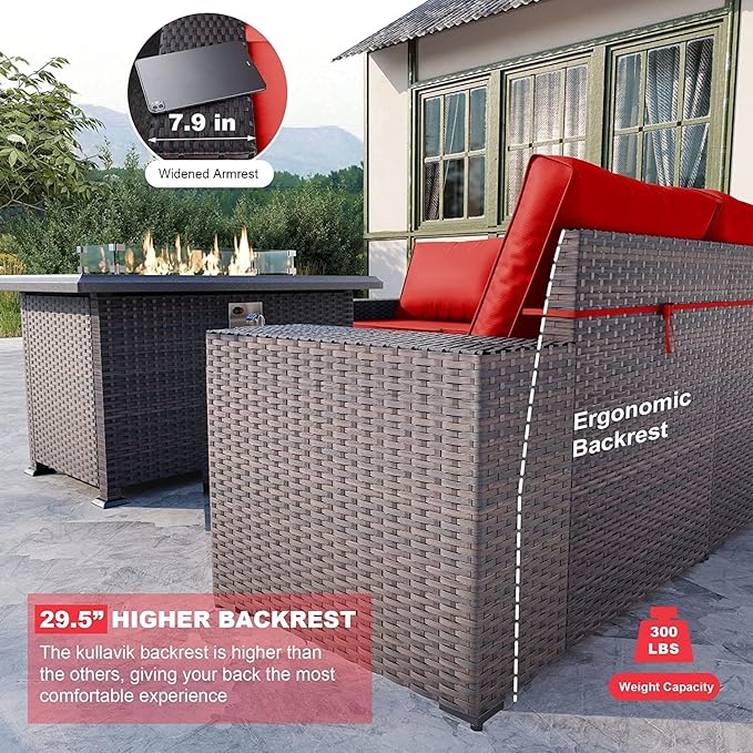 Kullavik 13 Pieces Outdoor Patio Furniture Set with 43" 55000BTU Gas Propane Fire Pit Table PE Wicker Rattan Sectional Sofa Patio Conversation Sets,Red