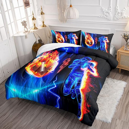 Axolotl Football Comforter Queen,Cool Blue Football Bedding Sports Theme Comforter Set For Boys,3D Rugby Sports Bedding Set Football Player On Fire For Boys Kids Teens,1 Quilt 2 Pillowcases,Black Blue