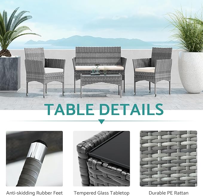 Patio Furniture, 4 Piece Conversation Set, Outdoor Wicker Rattan Table and Chairs, Sectional Sofa with Thick Cushion for Garden, Yard, or Porch, Grey