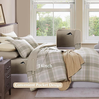 Beige Twin Comforter Set, Khaki Green Plaid Twin XL Comforter Set for Boys & Girls,Classic Homestead-style Twin Bed Set with Sheets and Comforter Set
