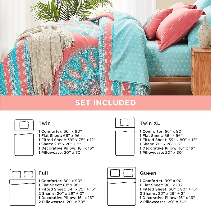 Degrees of Comfort Twin Bed in A Bag 6 Piece, Boho Mandala Bedding Sets for Girls, Coral Tween Bed Set, Microfiber Comforter Set with Sheet, Matching Decorative Pillow