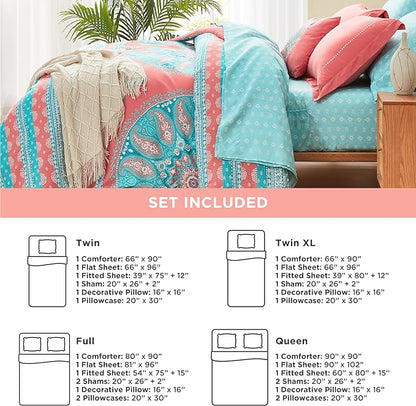Degrees of Comfort Twin Bed in A Bag 6 Piece, Boho Mandala Bedding Sets for Girls, Coral Tween Bed Set, Microfiber Comforter Set with Sheet, Matching Decorative Pillow