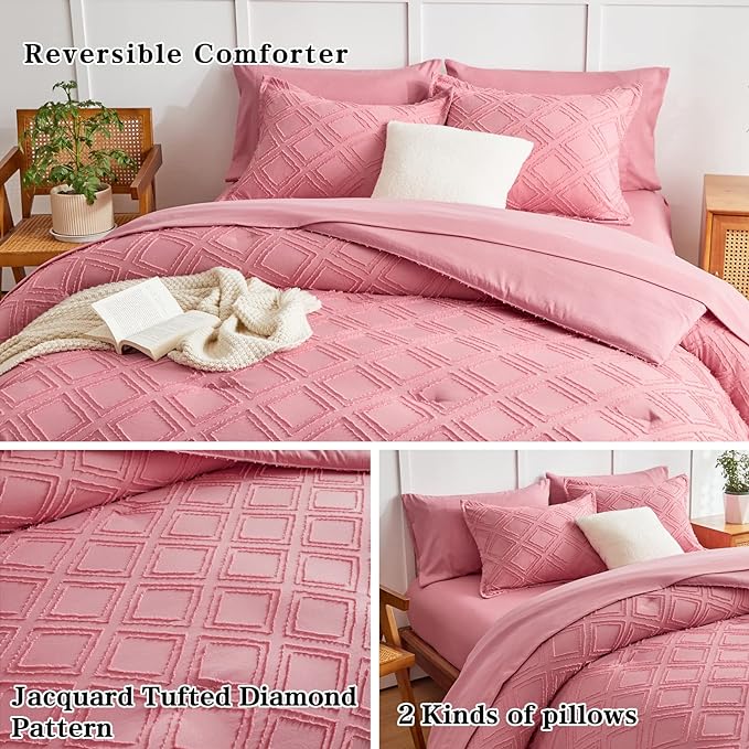 7 Pieces Tufted Bed in a Bag Queen Comforter Set with Sheets Pink, Soft and Embroidery Shabby Chic Boho Bohemian, Luxury Solid Color with Diamond Pattern, Jacquard Tufts Bedding Set for All Season