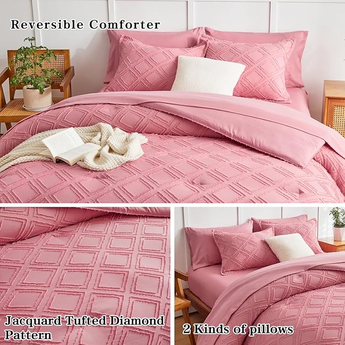 6 Pieces Tufted Bed in a Bag Twin Comforter Set with Sheets Pink, Soft and Embroidery Shabby Chic Boho Bohemian, Luxury Solid Color with Diamond Pattern, Jacquard Tufts Bedding Set for Kids Girls