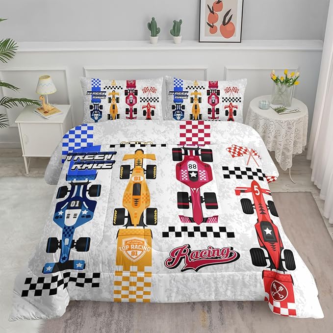 Axolotl Racing Car Comforter Set Full Size,Colorful Sports Car Bedding Set for Kids Boys Teen Adult,Extreme Speed Race Bedding Sets Car Theme Bedroom Decor with 1 Comforter and 2 Pillowcases