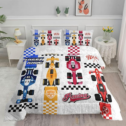 Axolotl Racing Car Comforter Set Queen Size,Colorful Sports Car Bedding Set for Kids Boys Teen Adult,Extreme Speed Race Bedding Sets Car Theme Bedroom Decor with 1 Comforter and 2 Pillowcases