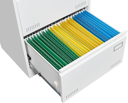 2 Drawer Lateral Lock and Card Holder, Multifunctional Metal Filing Cabinets w/Heavy 3 Section Slide Rail & Breathable Holes,for Legal/Letter/A4,White