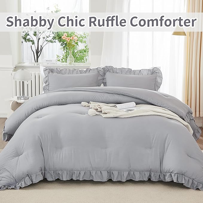 Andency Silver Gray Twin Size Comforter, 2 Pieces Farmhouse Classic Chic Ruffle Comforter for Kids, Lighteweight Soft Microfiber Bedding Set for Girls(1 Ruffle Comforter and 1 Pillowcase)