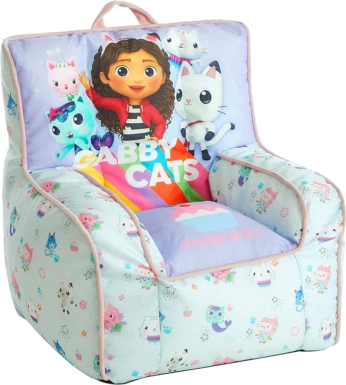 Idea Nuova Gabby's Dollhouse Kids Fabric Bean Bag Chair with Piping & Top Carry Handle, Large