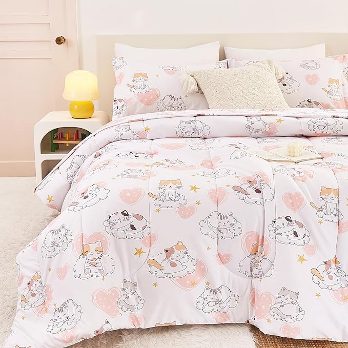 Cat Kids Comforter Set for Girls Full Size, Cute Quilted Pink Heart Printed Bedding Set with Pillow Sham, Lightweight Soft Breathable Machine Washable Bed Set 3 Piece
