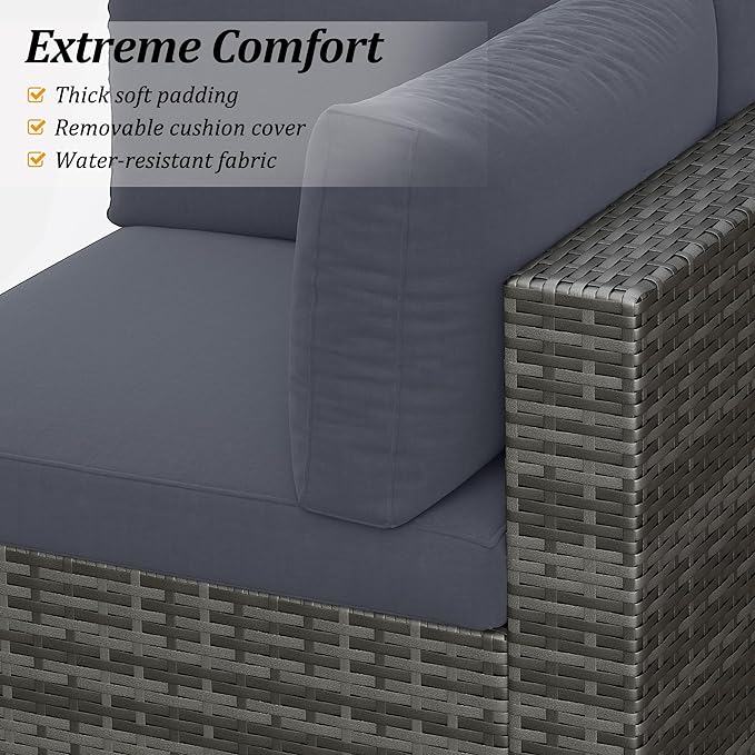 SUNVIVI OUTDOOR 7 Piece Patio Furniture Sets All Weather Gery PE Wicker Couch Sofa with Glass Table, Removable Dark Grey Cushions
