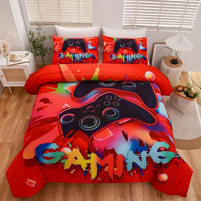 Aimuan Gaming Comforter Sets for Boys Kids Bedding Sets Video Games Console Action Buttons Novelty Colorful Game Gamepad Controller Modern Gamer Room Decor Home Quilt Set (Twin, Red)
