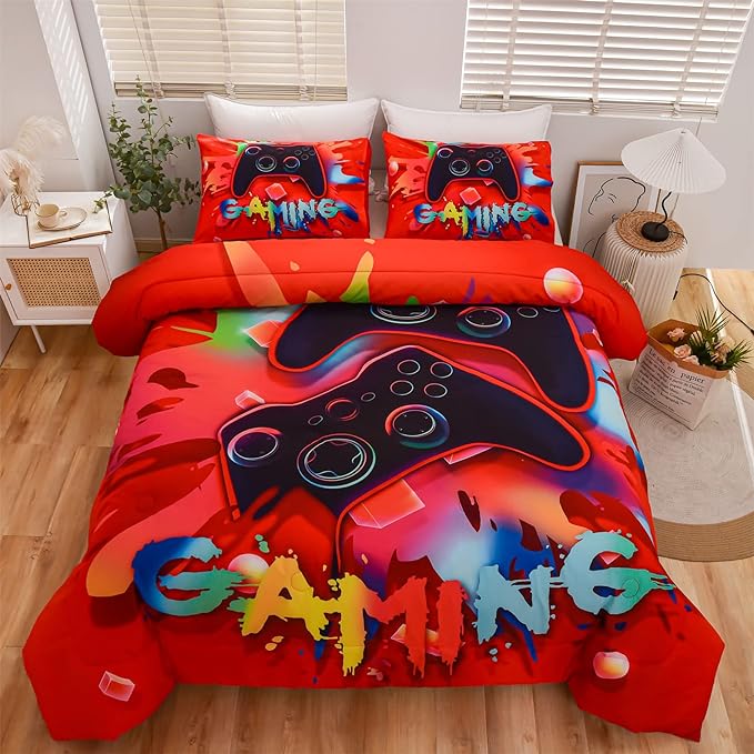 Aimuan Gaming Comforter Sets for Boys Kids Bedding Sets Video Games Console Action Buttons Novelty Colorful Game Gamepad Controller Modern Gamer Room Decor Home Quilt Set (Full, Red)