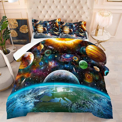 Tailor Shop Universe Galaxy Comforter Set for Girls Boys Kids Galaxy The Planet The Earth Astronaut Stars Outer Space Bedding Set Full Size with 1 Comforter 2 Pillowcases,18………