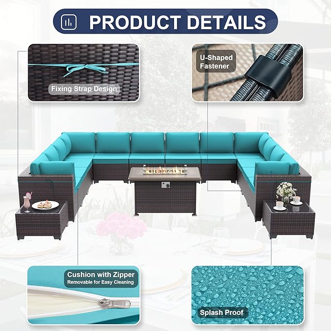 Patio Furniture Set with Fire Pit Table 15 PCS Outdoor Sectional Furniture Outdoor Rattan Patio Conversation Sets with 43in 55,000 BTU Propane Gas Fire Pit Table Glass Table, Blue