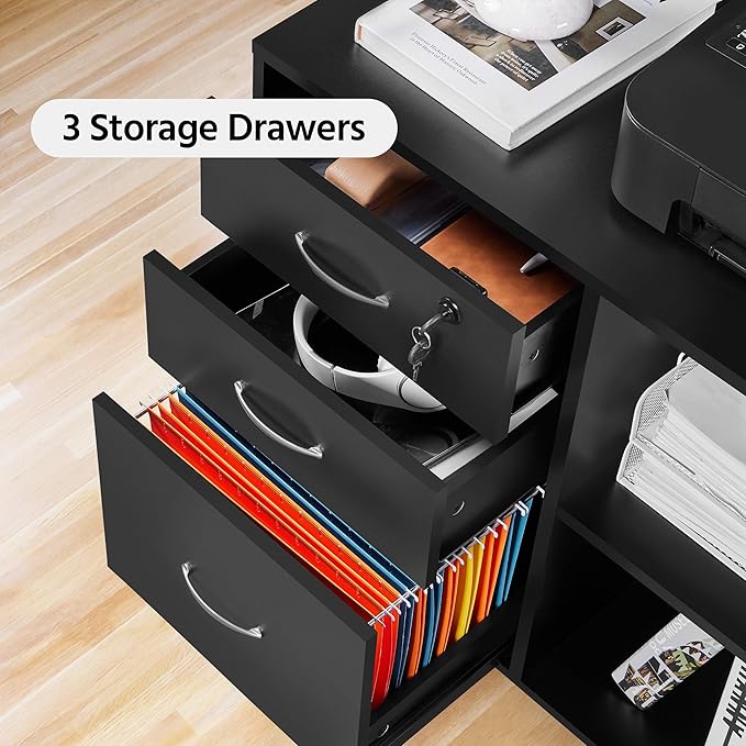 Yaheetech Black File Cabinet with Lock for Letter, A4 Size,3 Drawer Lateral Filing Cabinet Printer Stand with Open Storage Compartments,Mobile Filing Cabinet for Home Office, Black