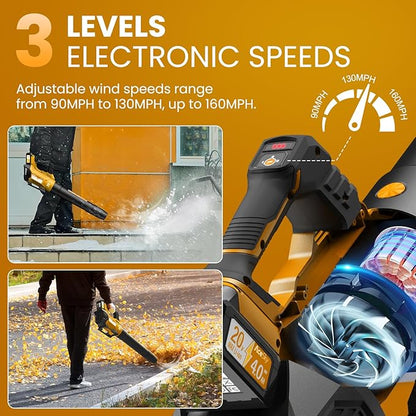 Leaf Blower Cordless, 580CFM/160MPH & 3 Speed Levels, Electric Cordless Leaf Blower with 2 * 4.0Ah Battery Powered, Blowers for Lawn Care, Blower with Extension Nozzle