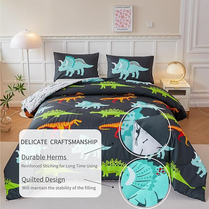 RYNGHIPY Dinosaur Bedding Set Twin Size Dinosaur Kids Comforter Set for Boys Girls Soft Breathable Cute Dinosaur Bed Set for All Season (Black,Twin)