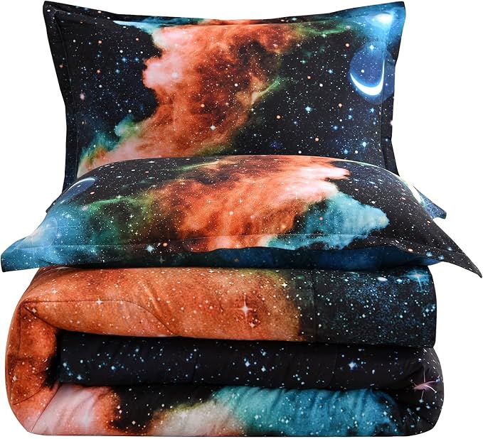 A Nice Night Black and Blue Galaxy Bedding Sets 3D Printed Cloud Quilt Comforter Sets with 2 Bedroom Pillow Covers Twin Size