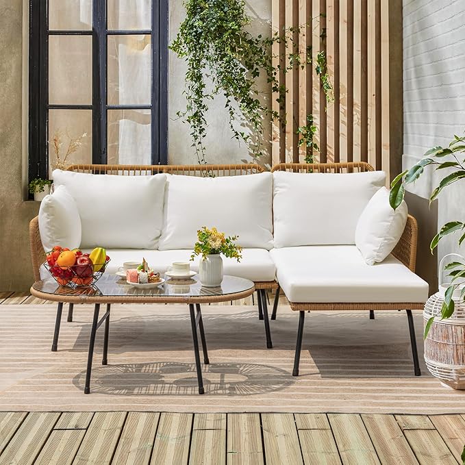 Greesum Outdoor Rope Woven Patio Furniture L-Shaped Conversation Sectional Sofa Set Detachable Lounger for Backyard Porch with Thick Cushions & Long Table, White