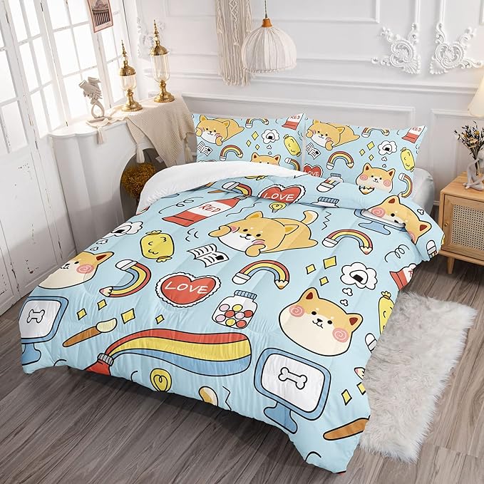 Datura home Kids Comforter Set Kawaii Dogs Bedding Set Cute Shiba Inu Corgi Printed Pattern Home Decor with 1 Comforter and 2 Pillowcases for Boys and Girls All Season(Blue Shiba Inu Full) 80x90''