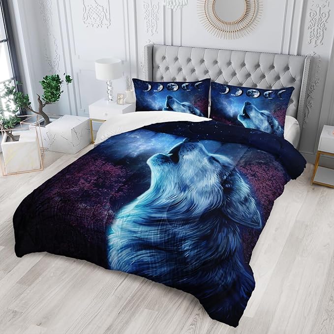 Wolf Comforter Set Galaxy Night Moon Bedding Set 3Pcs Howling Wolf Down Lunar Eclipse Bed Set for Kids Teens Room Decor Wild Animals Comforter with 2 Pillowcases