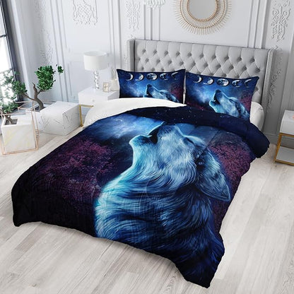 Wolf Comforter Set Galaxy Night Moon Bedding Set 3Pcs Howling Wolf Down Lunar Eclipse Bed Set for Kids Teens Room Decor Wild Animals Comforter with 2 Pillowcases