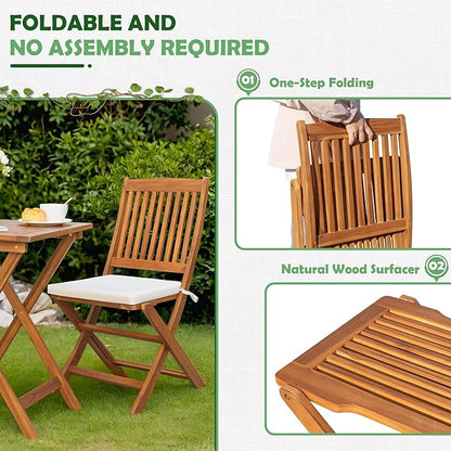 Greesum 3 Piece Patio Folding Furniture Bistro Set with 2 Chairs and Square Table for Pool Beach Backyard Balcony Porch Deck Garden, Acacia Wood